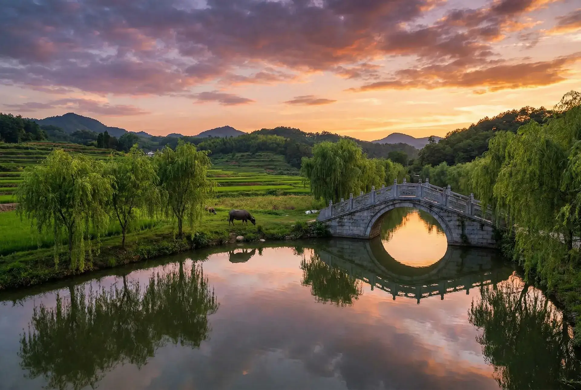 夕阳下的石拱桥与垂柳，水牛在河边吃草 - 吉村美咲 乡村美景